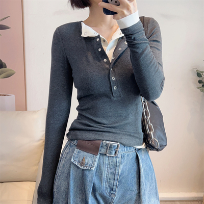 斯斯0108我的名字叫纤细假两件双排扣亨利领羊毛混纺高弹长袖T恤