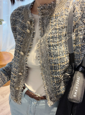 斯斯 0301 春季盎然 花纱黄蓝色流苏粗花呢感圆领香风针织开衫