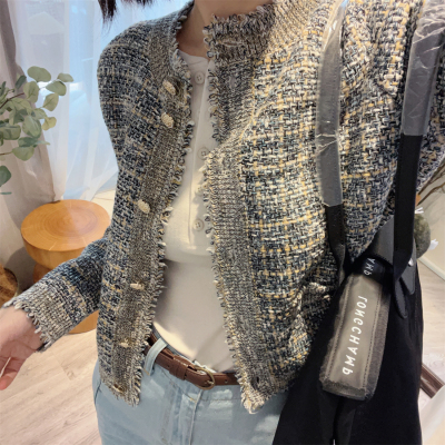 斯斯 0301 春季盎然 花纱黄蓝色流苏粗花呢感圆领香风针织开衫