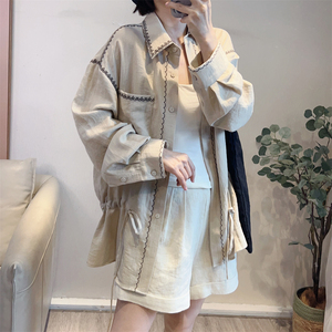 斯斯 0413 美美度假风卡其色重工十字刺绣休闲OS衬衫中古中长外套