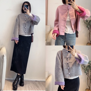 1202 撞色短款 气质温婉中式 羊毛混纺立体排扣翻袖 小外套 风 斯斯