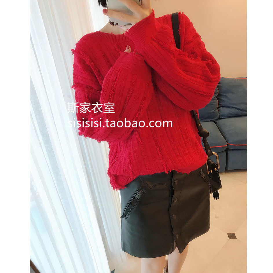 1227爱上红小众抓破破边三色毛衣