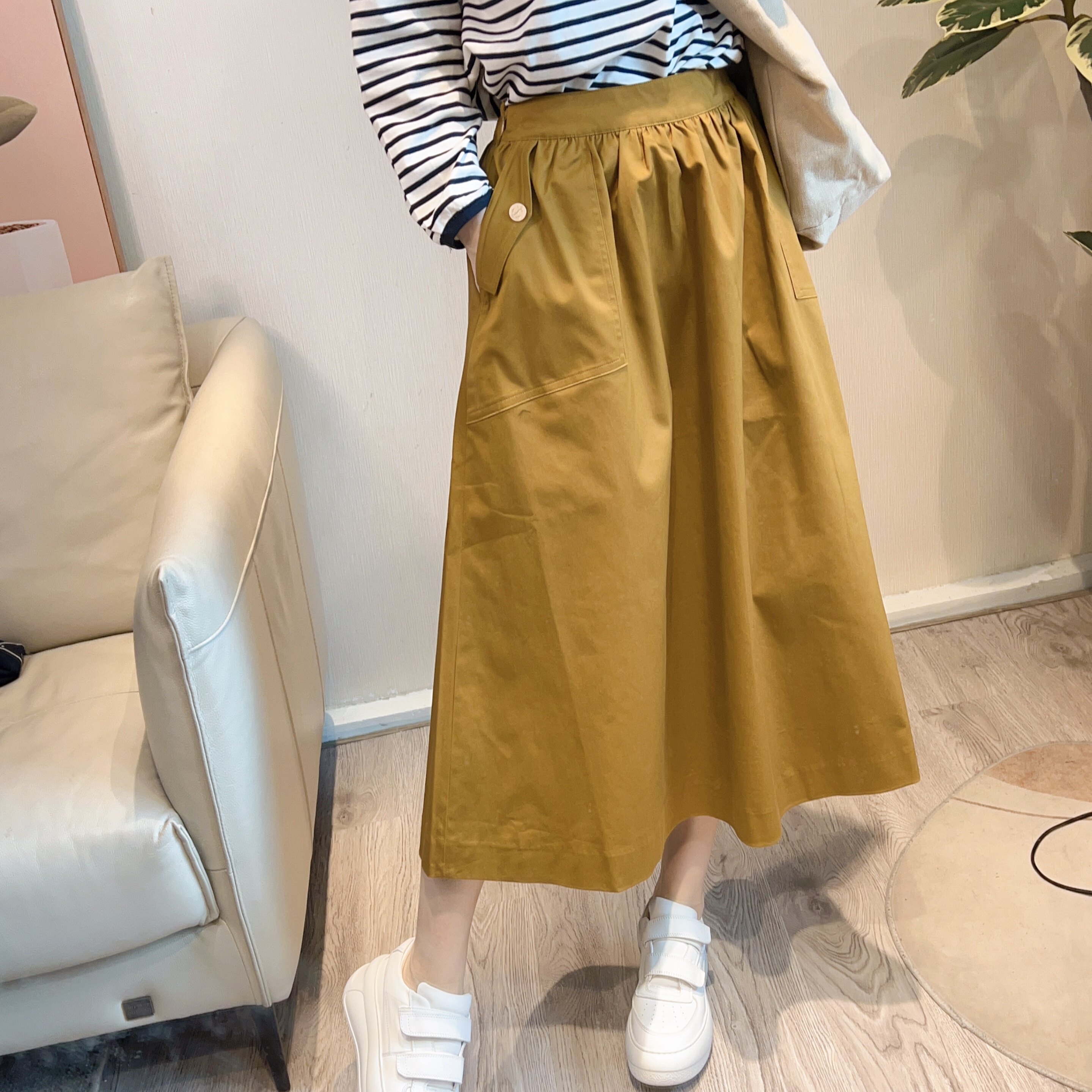 斯斯 0903 ELB复古金扣扣A字斜纹纯色基础款百搭中长伞裙半身裙