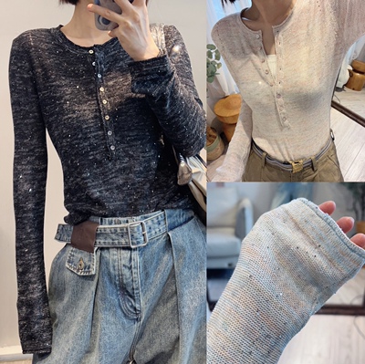 斯斯0301灿若星河小众亚麻法式亨利领立体珠片闪闪针织喇叭袖上衣