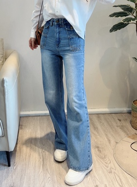 斯斯 0217法系GER复古水洗微喇设计立体口袋百搭牛仔水洗蓝色长裤