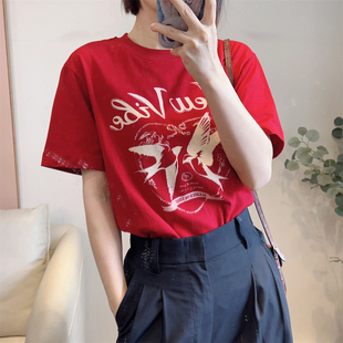 斯斯 活力又提气 春暖花开立体植绒中国风圆领短袖 燕子T恤 0306