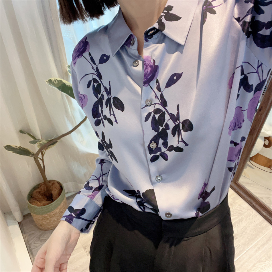 斯斯 0627 DV紫色的浪漫温柔玫瑰印花真丝印花直筒经典长袖衬衫