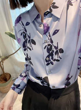 斯斯 0627 DV紫色的浪漫温柔玫瑰印花真丝印花直筒经典长袖衬衫