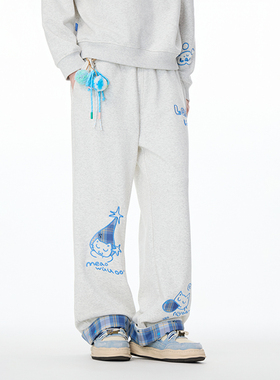 LAMLICKA晚安小猫刺绣灰色裤子直筒宽松bf慵懒风阔腿直筒长裤加绒