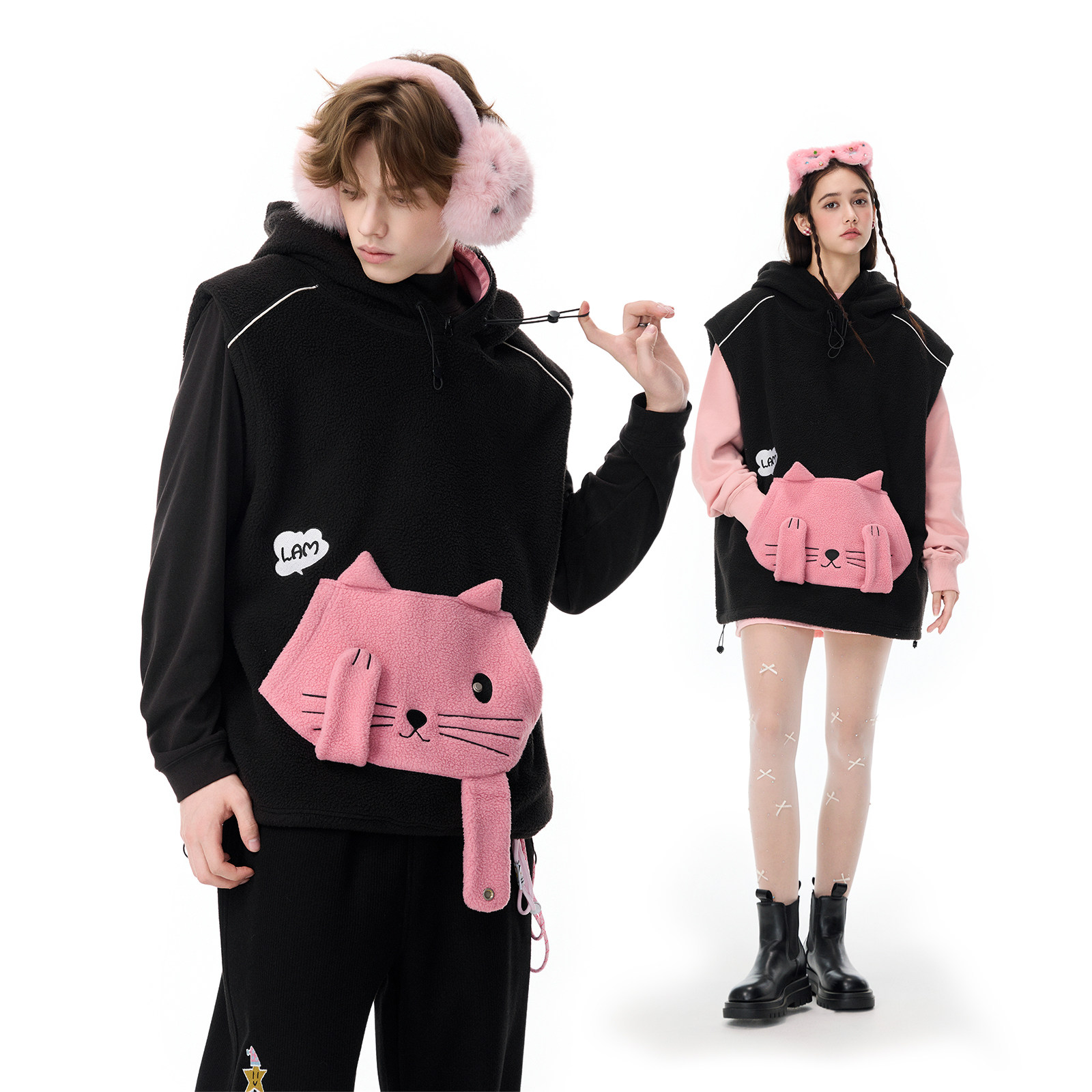 LAMLICKA立体小猫口袋黑色羊羔毛外套女宽松慵懒保暖外穿马甲连帽