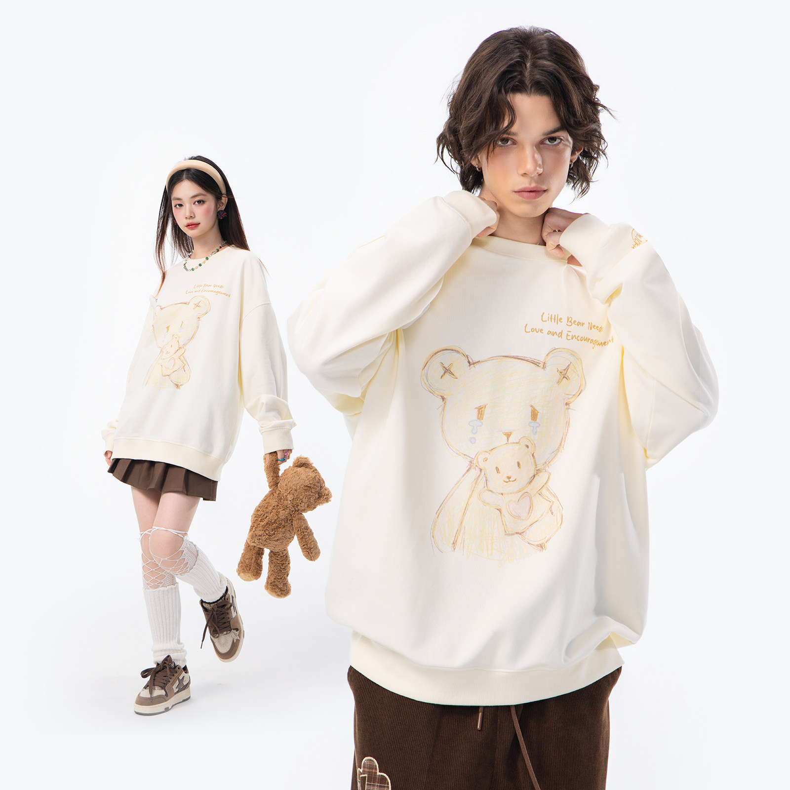 LAMLICKA云朵小熊印花卫衣男圆领休闲宽松上衣情侣装长袖外套薄款