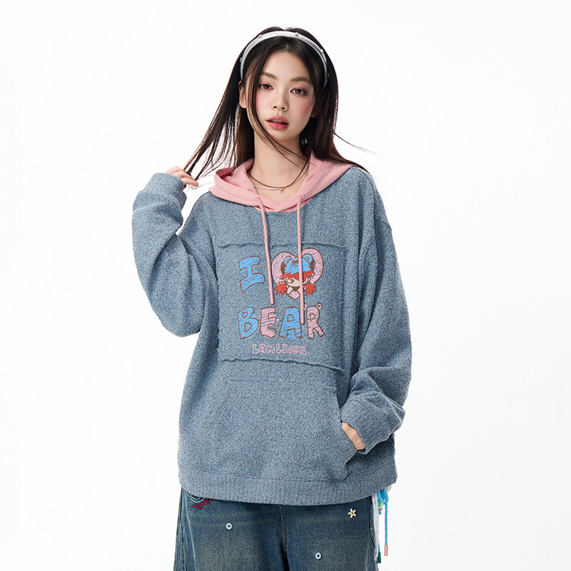 LAMLICKA女生贴布绣连帽卫衣宽松慵懒风加厚针织帽衫oversize外套
