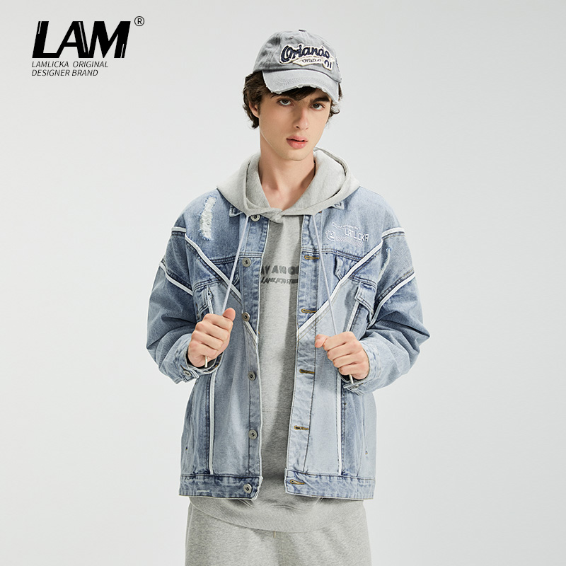 LAMLICKA刺绣破洞拼接牛仔外套