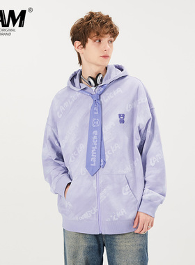 LAMLICKA满印字母个性开衫卫衣外套男初秋新款宽松纯棉紫色连帽衫