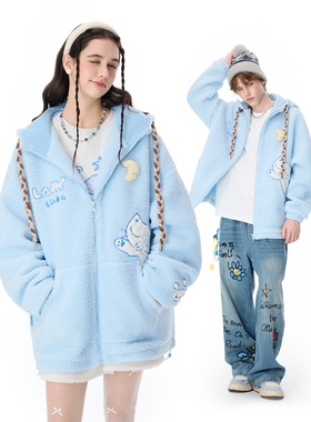 LAMLICKA周深同款小猫蓝色外套宽松慵懒风羊羔绒连帽夹克毛衣开衫