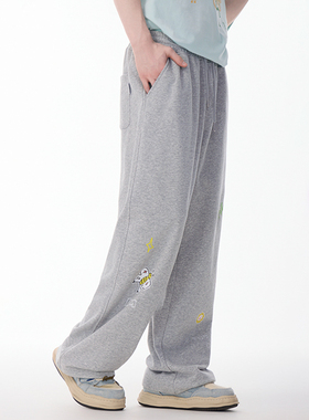 LAMLICKA卡通字母印花灰色裤子宽松bf慵懒风简约百搭纯棉休闲裤