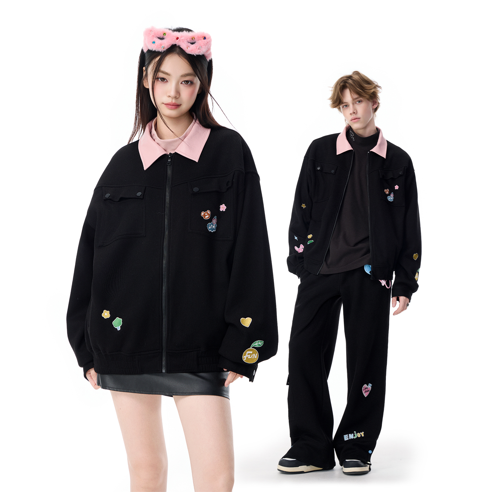 卡通绣花黑色开衫保暖加绒外套