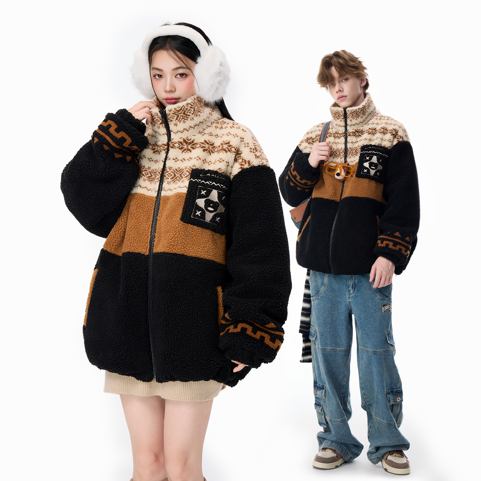 LAMLICKA民族风绣花羊羔绒外套女款冬宽松慵懒风加厚保暖开衫