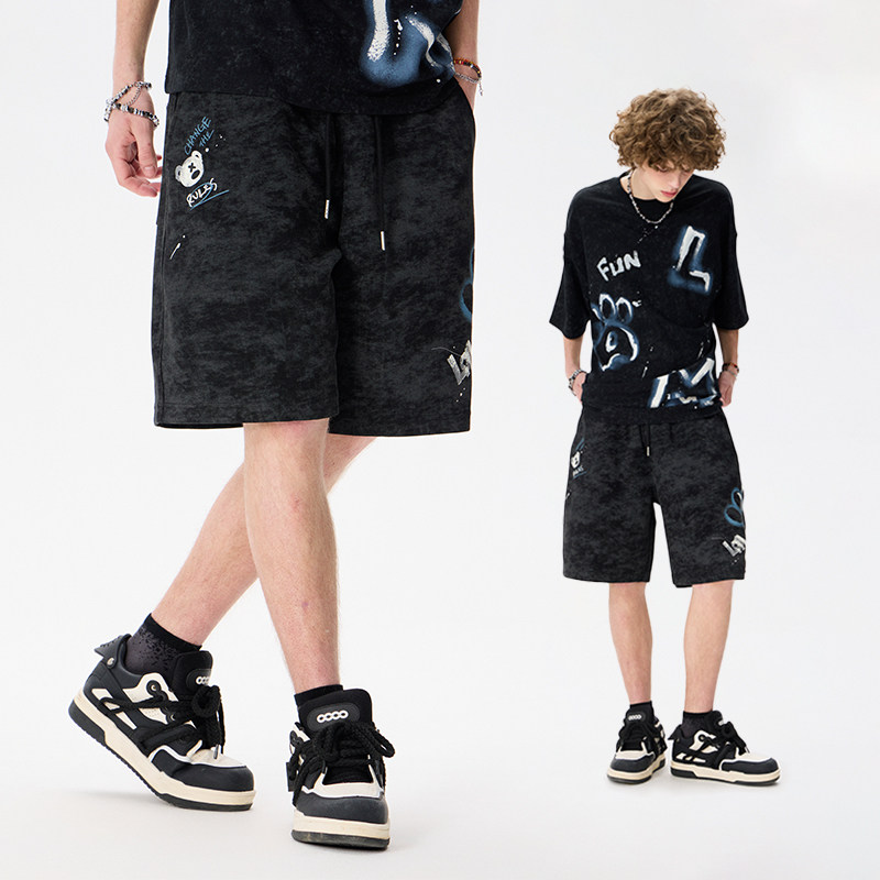 LAMLICKA熊掌仿水洗黑色短裤男宽松休闲百搭中裤美式运动五分裤,男装,短裤,淘宝优惠券,粉丝福利购,淘宝优惠卷