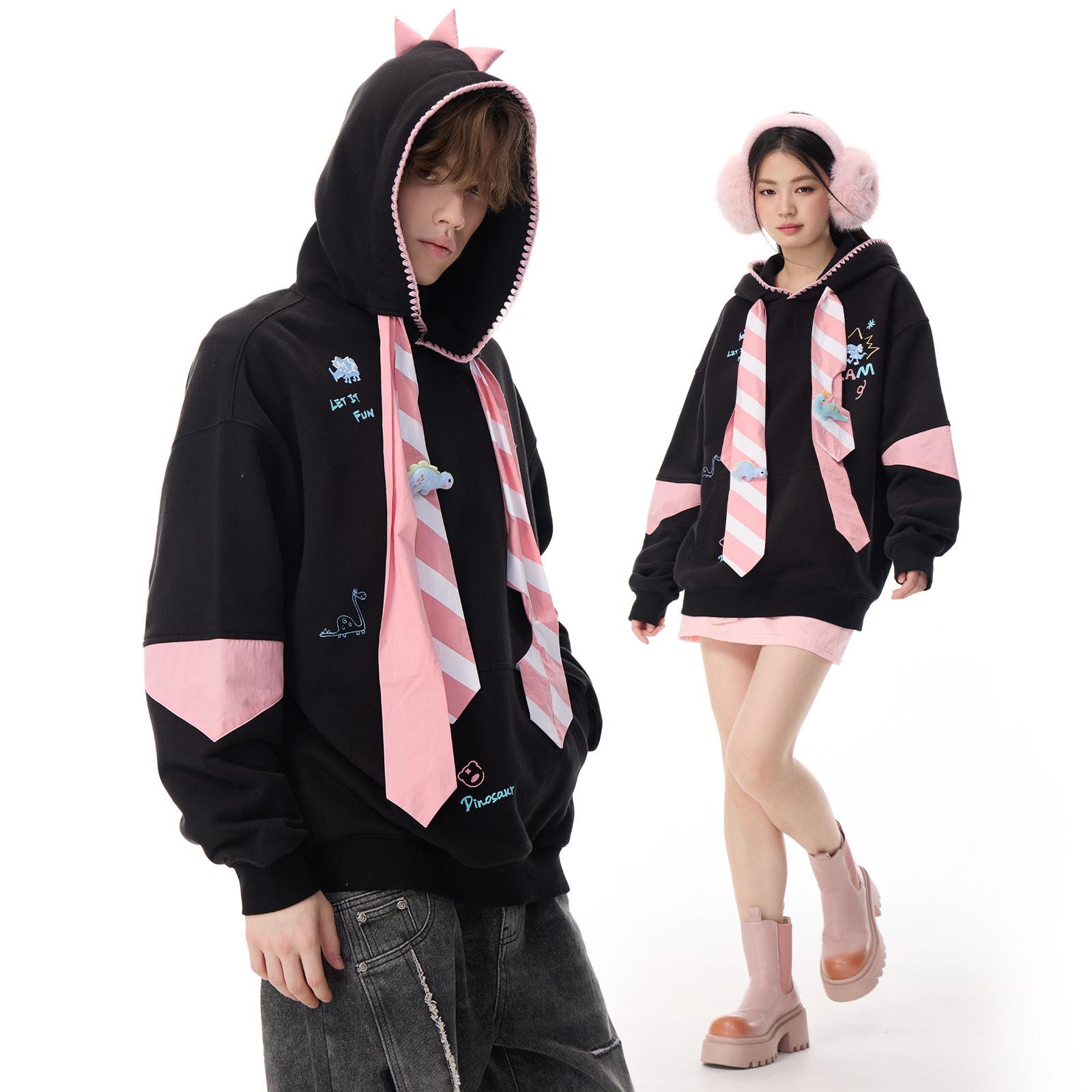 LAMLICKA恐龙公仔印花黑色外套oversize美式慵懒连帽卫衣宽松帽衫