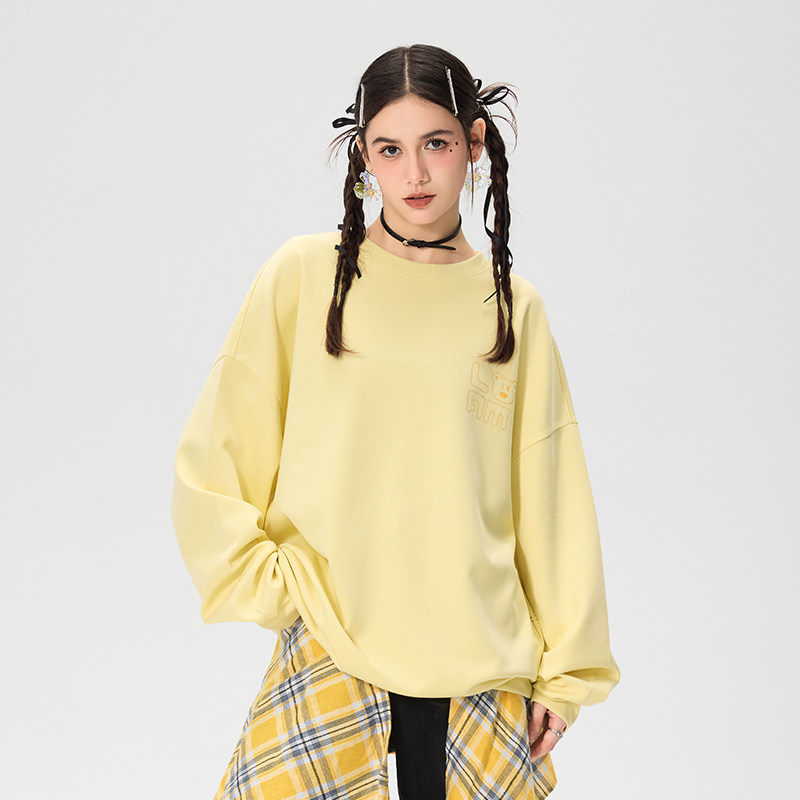 LAMLICKA小熊印花圆领卫衣男青少年春简约百搭宽松外套多巴胺长袖