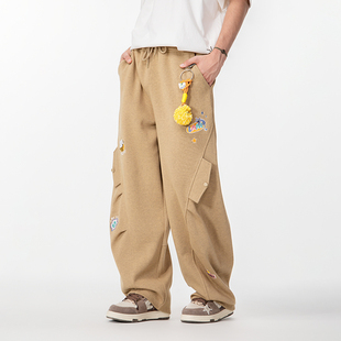 LAMLICKA卡通绣花休闲裤子男款宽松bf慵懒风长裤美式松弛感直筒裤