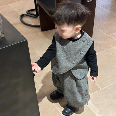 男童痞帅小少爷套装冬装洋气儿童加棉马甲裤子周岁宝宝衣服三件套