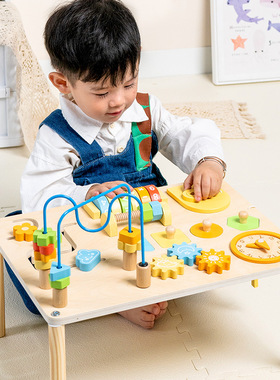 儿童木质多功能早教玩具桌宝宝串珠绕珠几何形状认知手眼协调训练