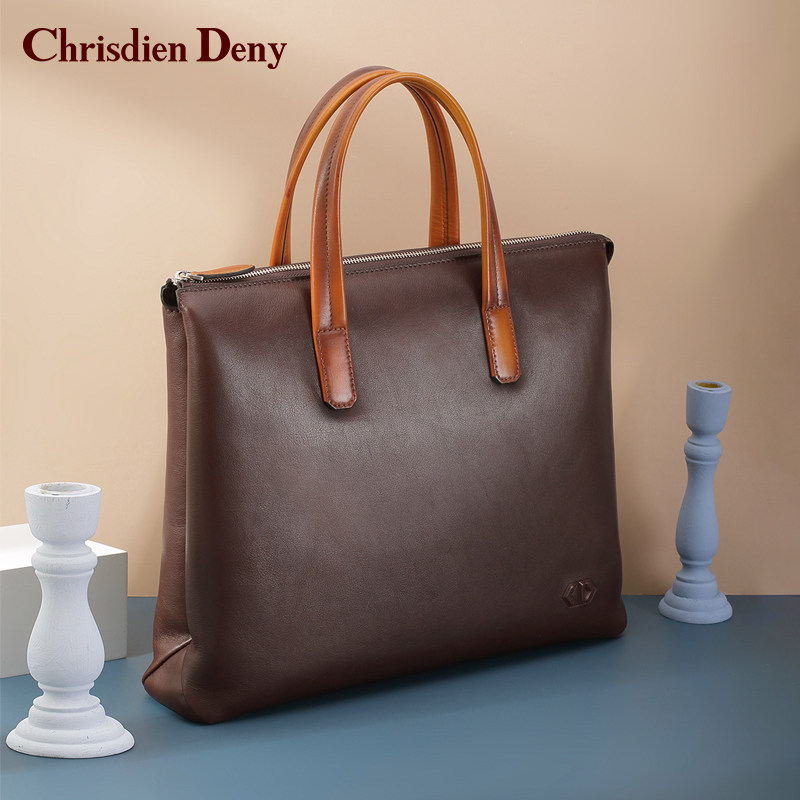chrisdien deny/克雷斯丹尼意大利进口真皮纯色商务横身公文包男