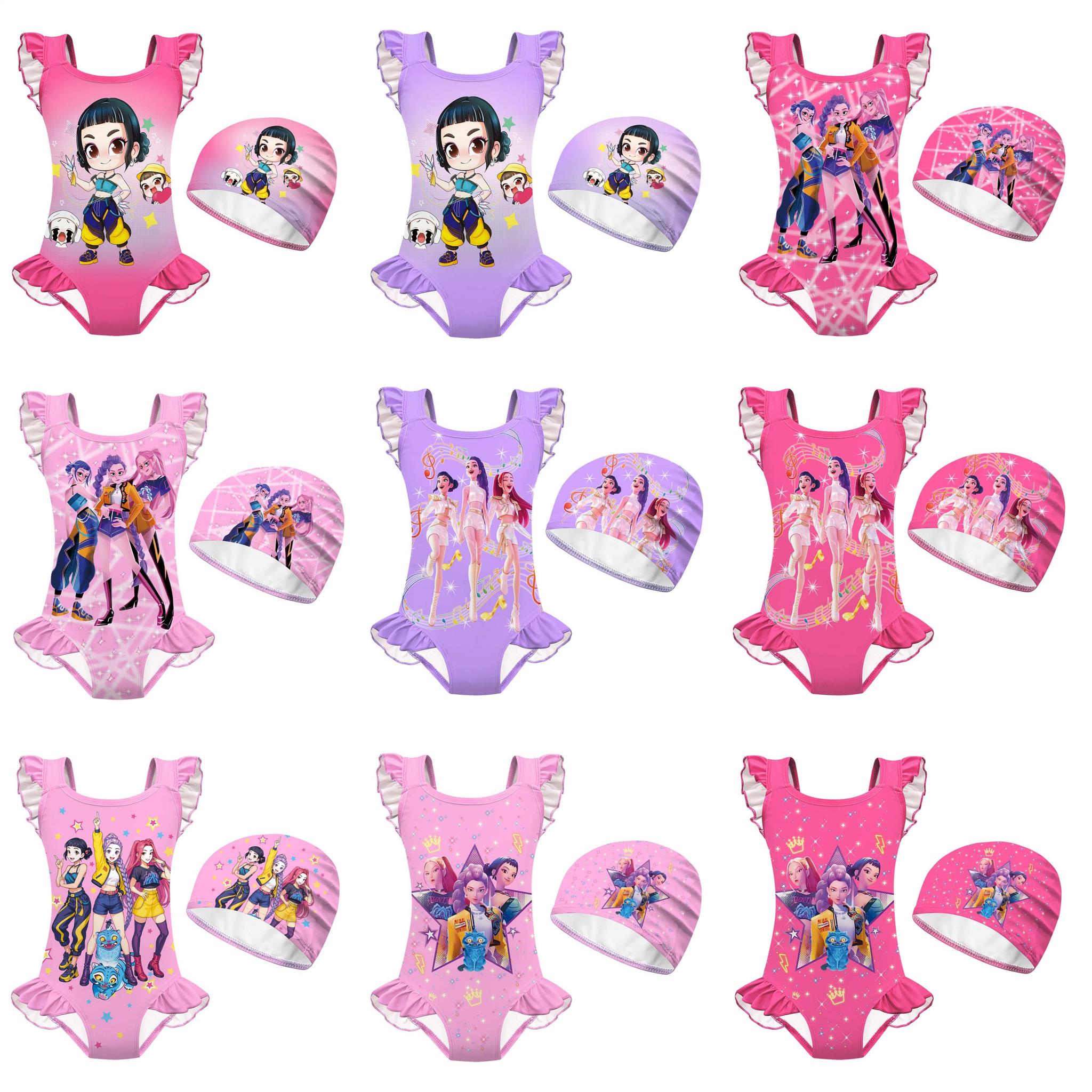 夏季新款儿童泳衣K-POP猎魔女团cosplay印花女童连体花边泳衣套装