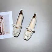 复古方头一字扣镂空透气豆豆鞋 奶奶鞋 女2025新款 舒适软底粗跟单鞋