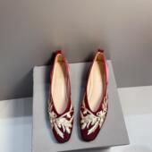 新中式 子 方头浅口低跟平底鞋 国风单鞋 女复古百搭红色缎面秀禾婚鞋