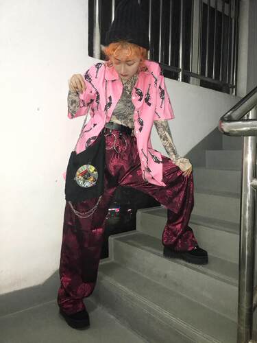 复古街头松紧色丁龙纹直筒裤