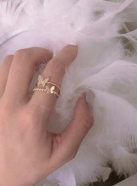 亮眸镀14K真金锆石微镶蝴蝶戒指时尚流行尾戒新款直播网红带货款