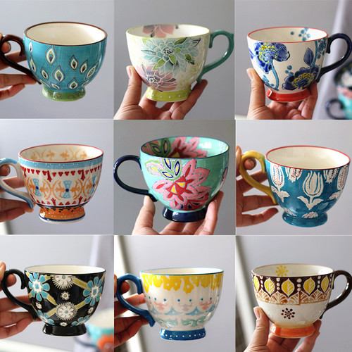 手绘陶瓷麦片杯大容量咖啡釉下彩