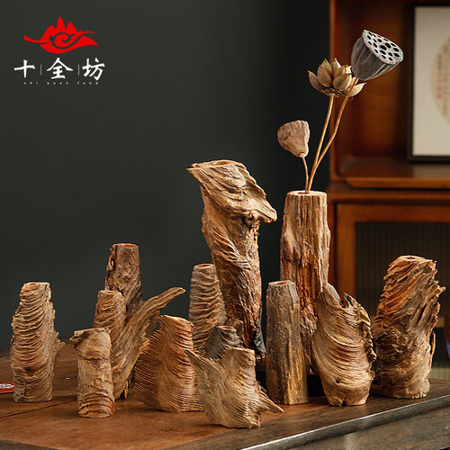 原木花瓶插花 创意木质复古枯木装饰品电视柜桌面禅意摆件小花瓶