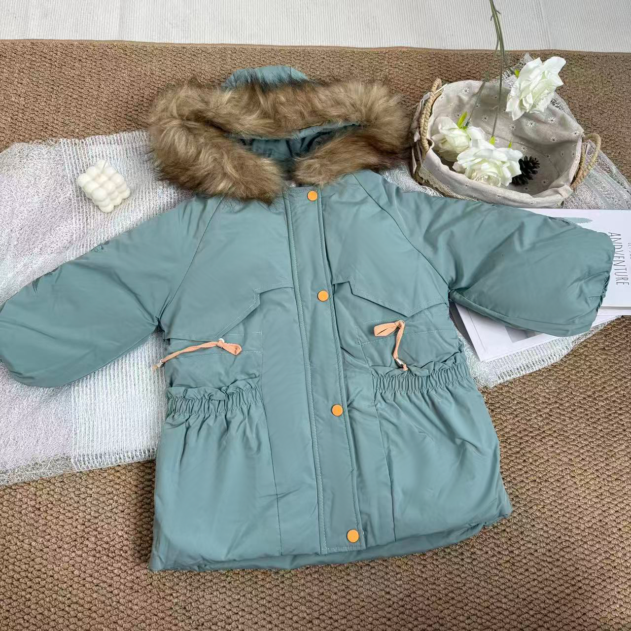 清仓女童绿色黑色连帽毛领棉服冬季加厚保暖中长款派克服外套