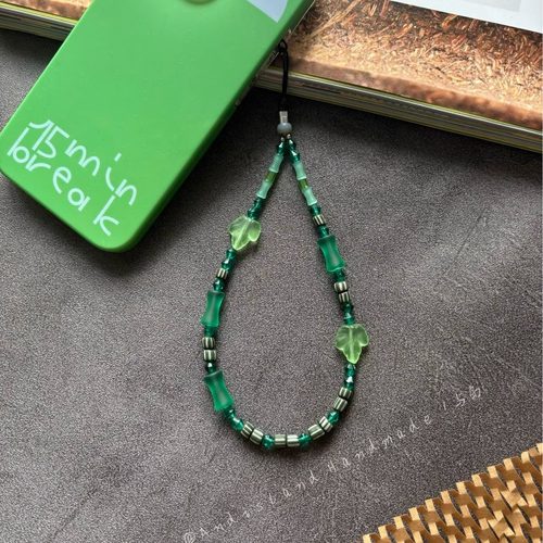 新中式竹绿琉璃手机链 与岛设计进口琉璃珠手机链