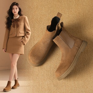ZHR则则2.5绒面切尔西靴2025秋新款百搭老钱风羊皮短靴女套脚女靴