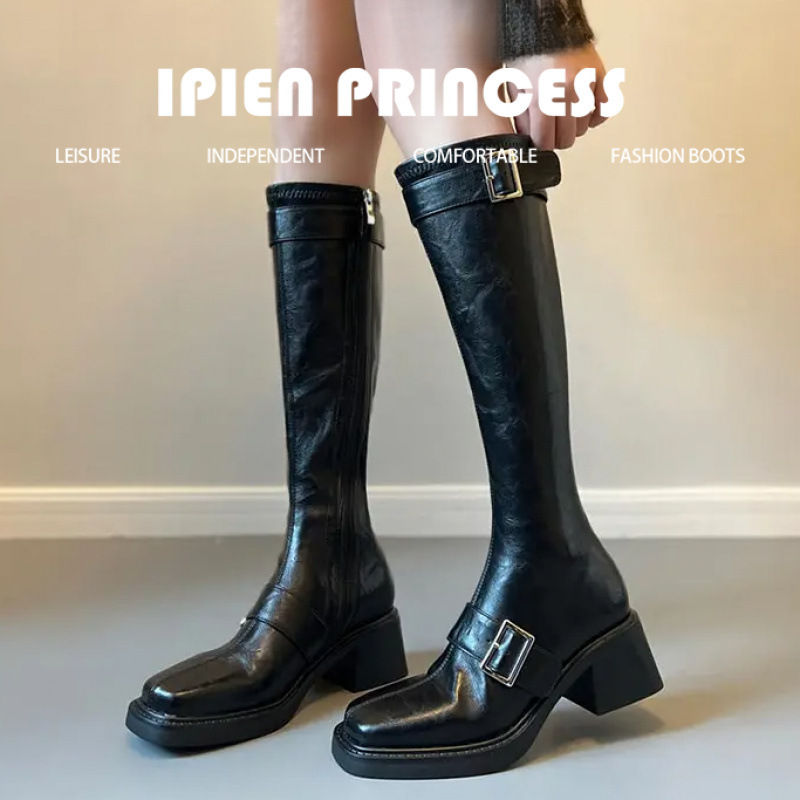 皮带扣长筒靴女2025冬季新款新款骑士靴粗跟不过膝法式复古靴女款