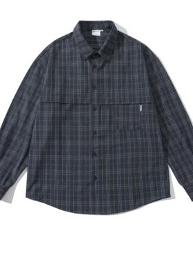 BSAPA 秋季复古街头隐藏口袋休闲衬衫宽松百搭休闲格子工装外套