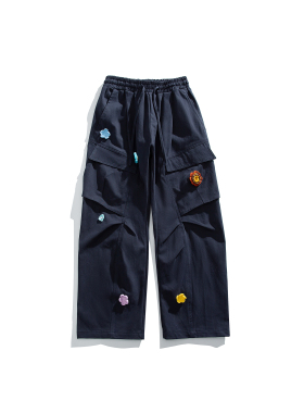 OLDTRIBE 2025春季新品小众设计感花卉刺绣休闲裤宽松阔腿伞兵裤