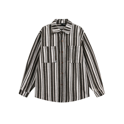 DEVILRAY 秋季设计感纯棉衬衫复古拼色条纹大口袋休闲情侣外套