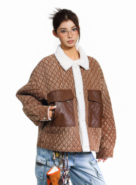 N-52TRW 秋冬加厚羊羔毛复古菱格拼接皮口袋棉服法式小香风外套