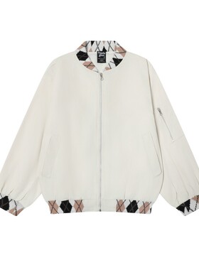 TAELE PLUS 秋季新款费尔岛混纺格纹提花夹克设计感拼接拉链外套