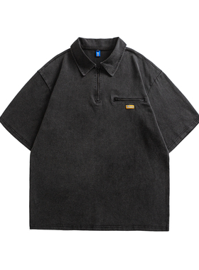 SEVENNOS 2025美式复古水洗做旧半拉链翻领休闲宽松短袖polo衫