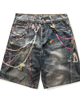 BLACK ARMADA 2025夏季朋克辣妹风复古糖果链条印花嘻哈牛仔短裤