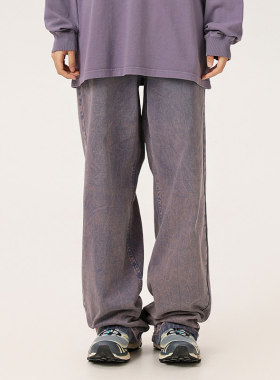 BLACK ARMADA秋季潮牌美式水洗做旧牛仔裤纯色重磅廓形直筒休闲裤