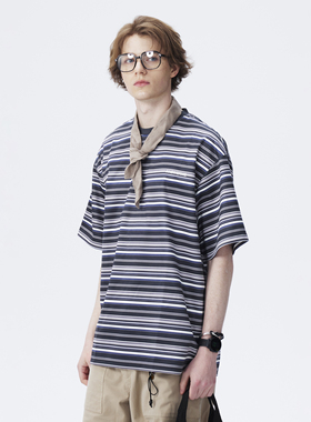 ANSWER ME 夏季小众设计感经典复古风条纹拼接T恤宽松休闲情侣衫