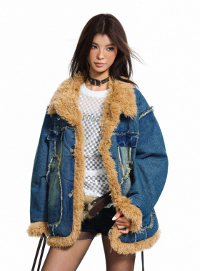 N-52TRW 2025秋冬拼接牛仔加绒羊羔毛棉衣小香风情侣加厚宽松外套